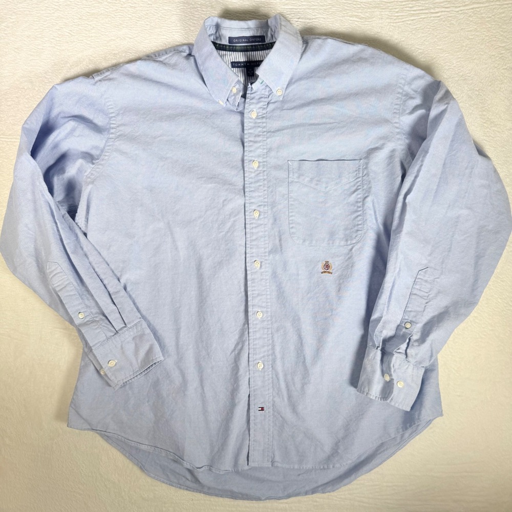 Tommy Hilfiger Oxford Button Down Shirt Blue Mens 17-34/35 Embroidered Crest‎